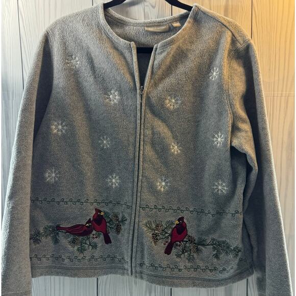 Croft & Barrow Zip Cardinals Birds Embroidered Petite Large Gray Fleece Cardigan - Picture 1 of 7